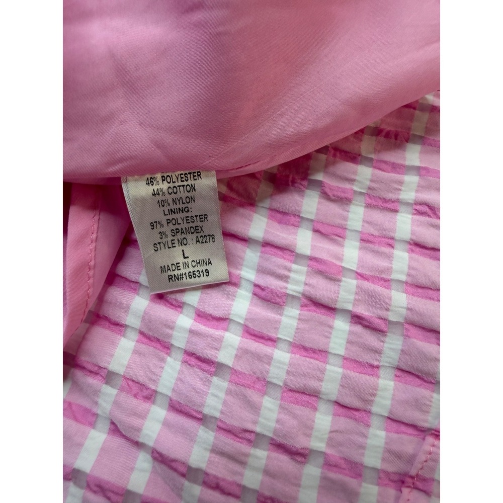 Day + Moon Pink Gingham Seersucker Mini Dress Pockets Open Back Bow L Large - Picture 9 of 12